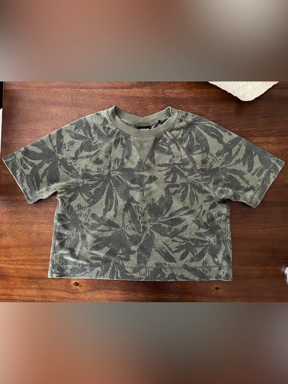 Prana Olive Green Leaf-Print Crewneck Top